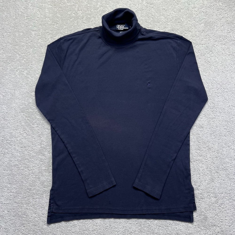 VINTAGE Polo Ralph Lauren Long Sleeve Shirt Mens L Navy Blue Faded Turtleneck